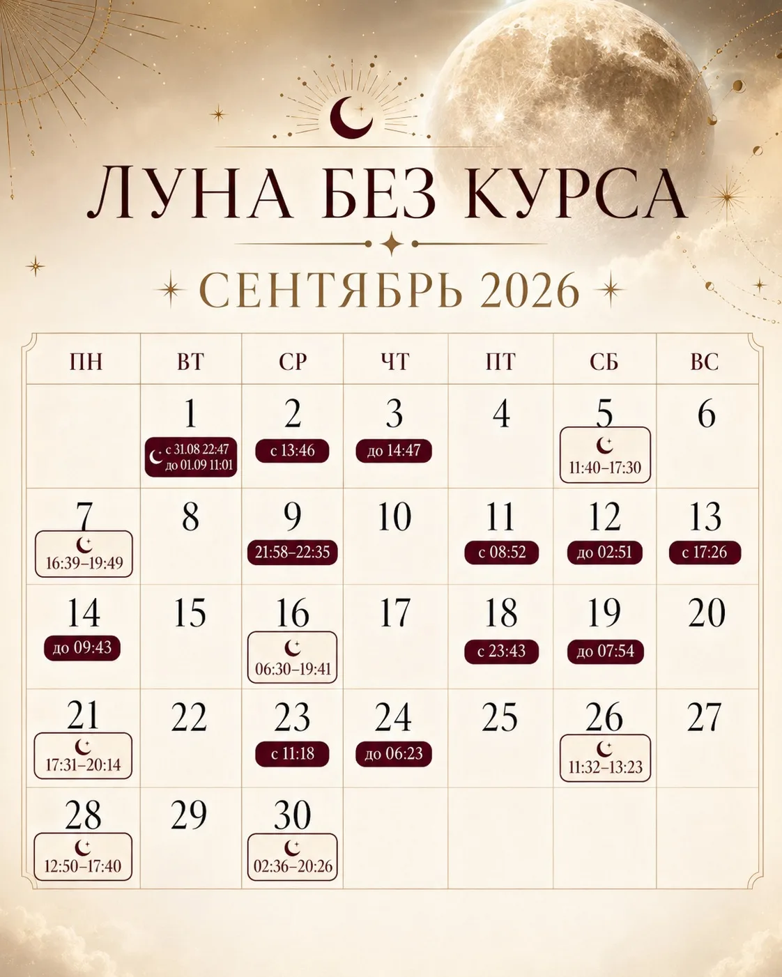 🌙 ЛУНА БЕЗ КУРСА | СЕНТЯБРЬ 2026