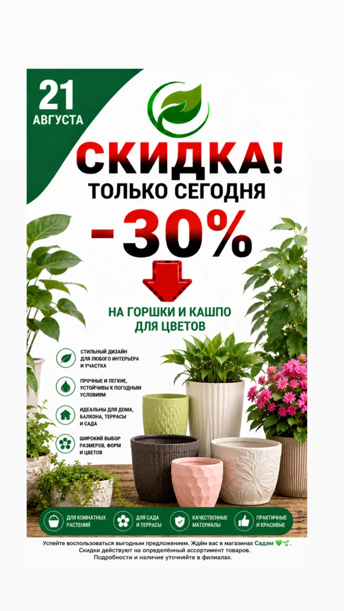 🪴 21 августа скидка 30% на горшки и кашпо для цветов.