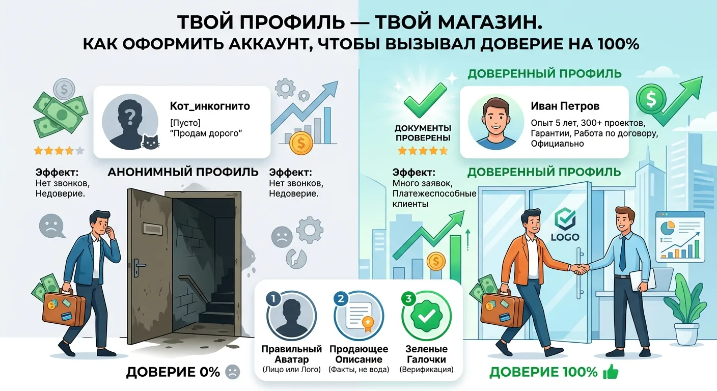 Твой профиль — твой магазин. Как оформить аккаунт, чтобы вызывал доверие на 100%
 
Представьте, что 