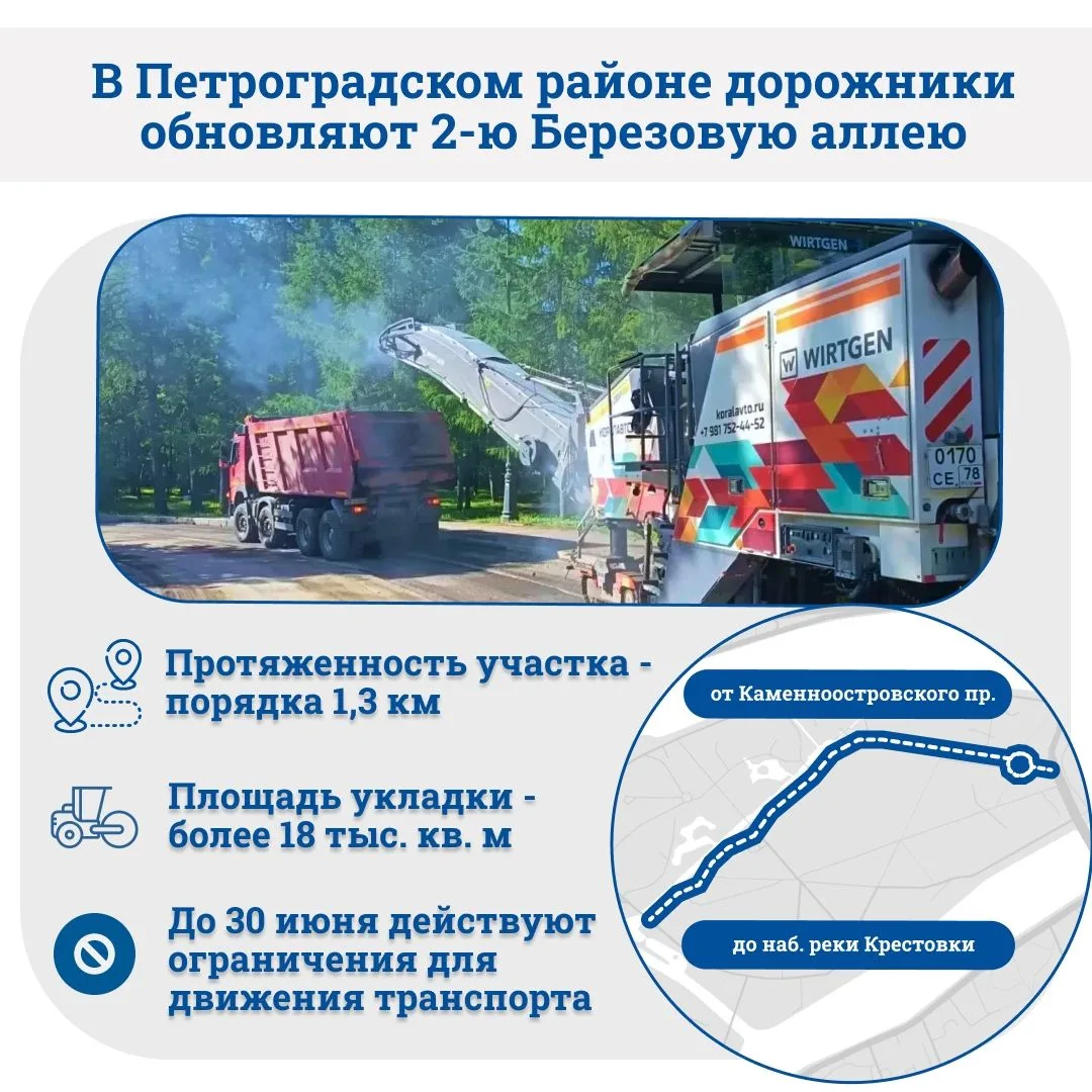 Дорожники проводят ремонт 2-й Березовой аллеи на Каменном острове 🌳 

Специалисты уже завершили раб