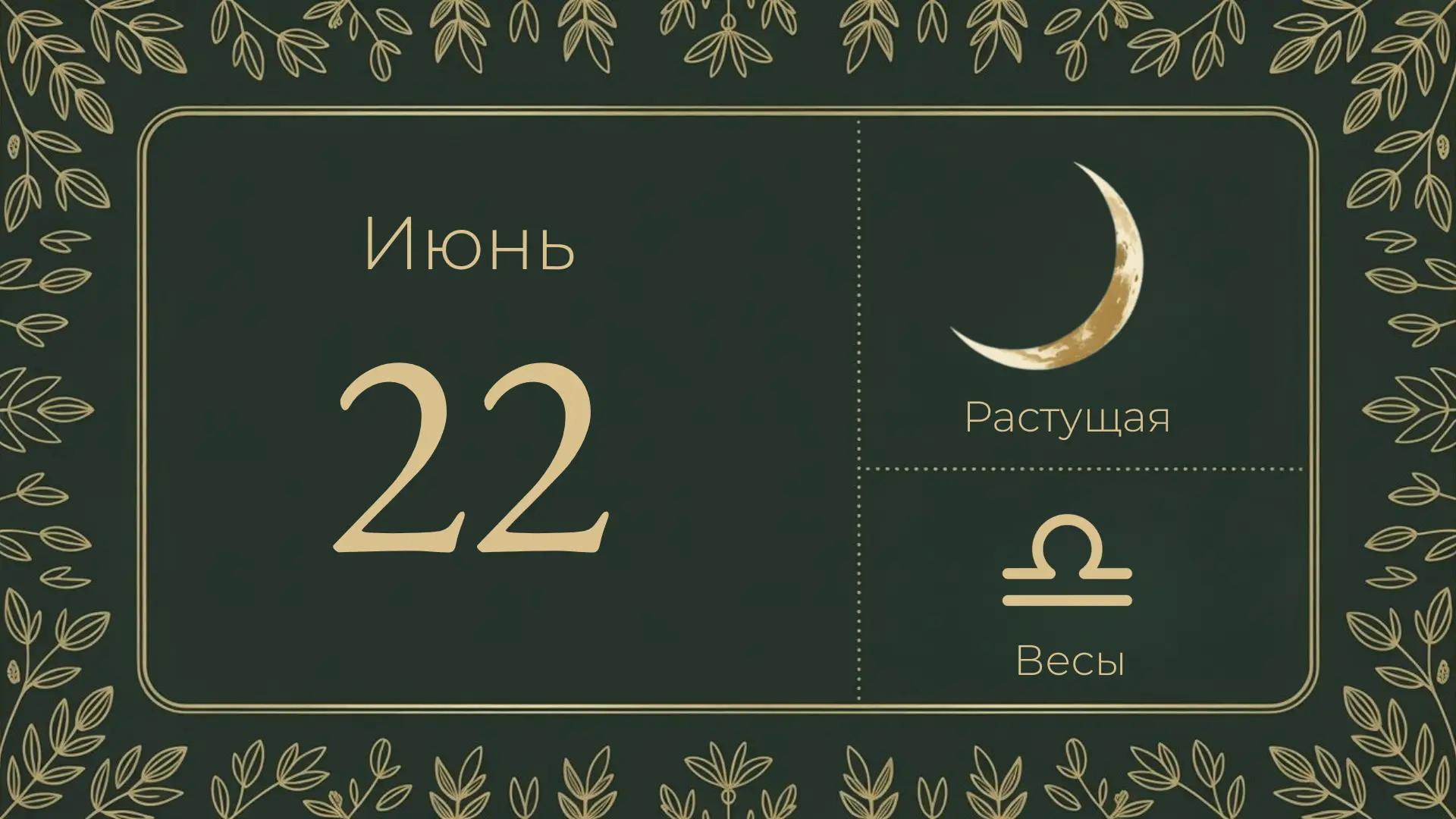 🌓 22 июня — первая четверть, 7-й лунный день

Луна в Весах ♎ — воздушный знак, хорош для цветов и з