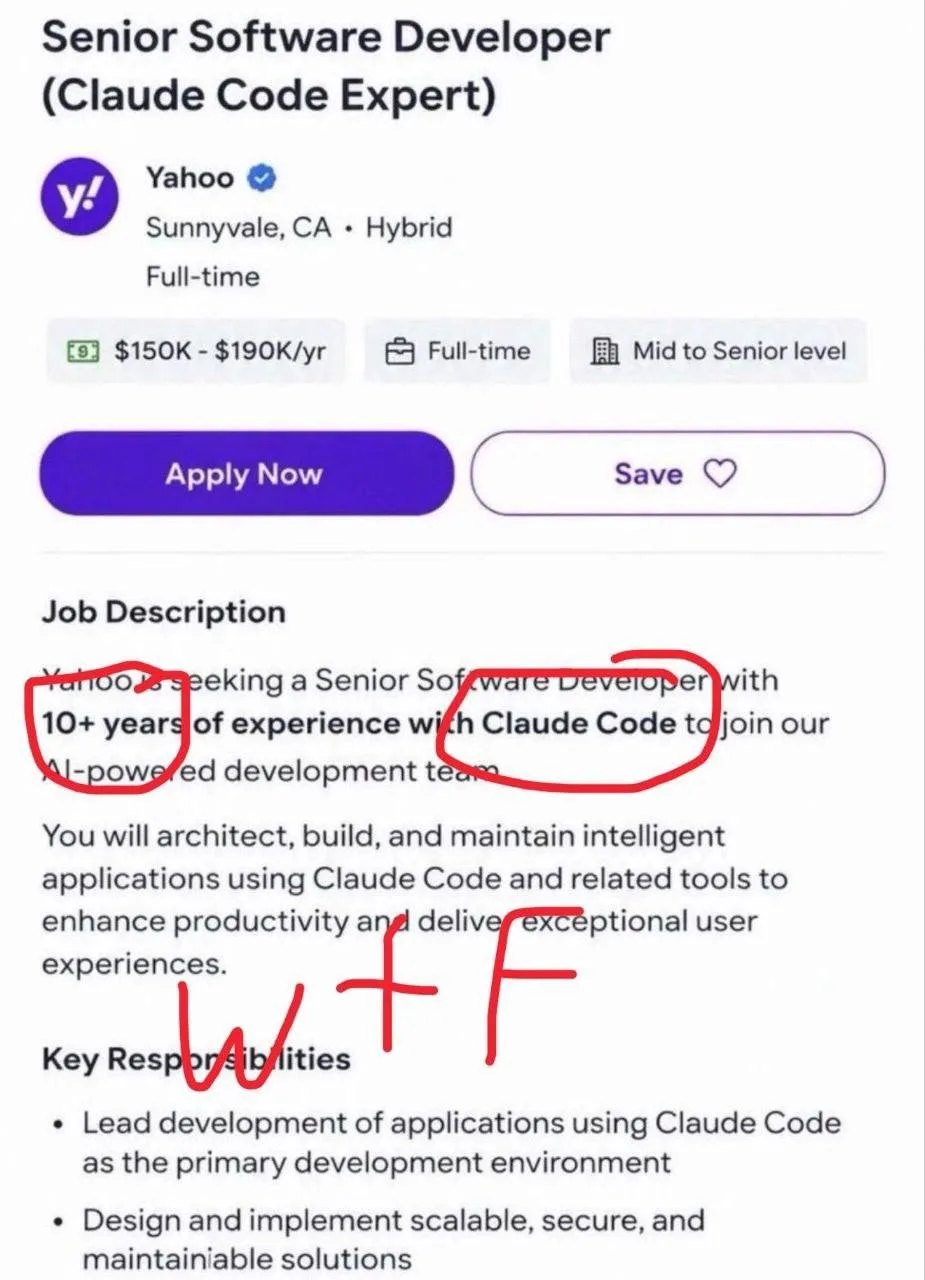 10 лет опыта работы с Claude требуют в Yahoo от соискателей на должность разработчика.