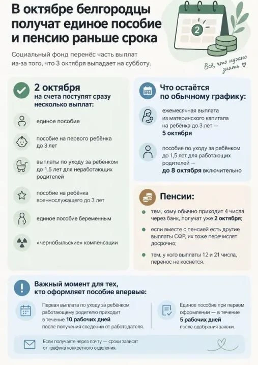 В октябре белгородцы получат единое пособие и пенсию раньше срока