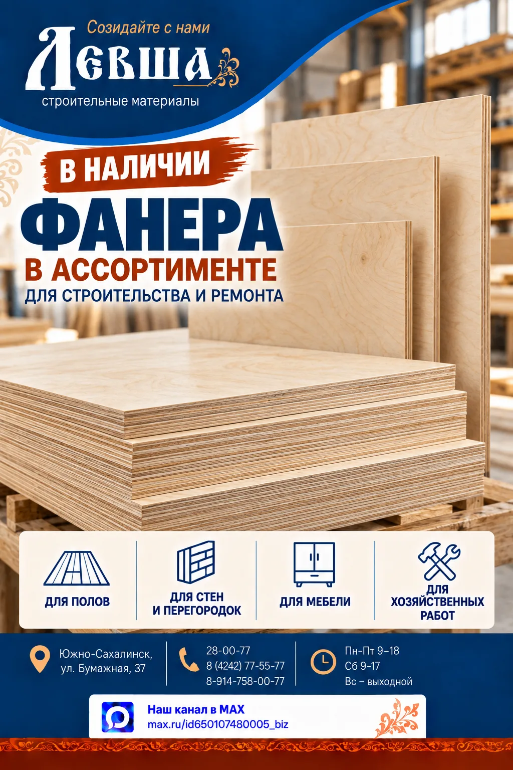 🪵 ФАНЕРА В АССОРТИМЕНТЕ — В «ЛЕВШЕ»!