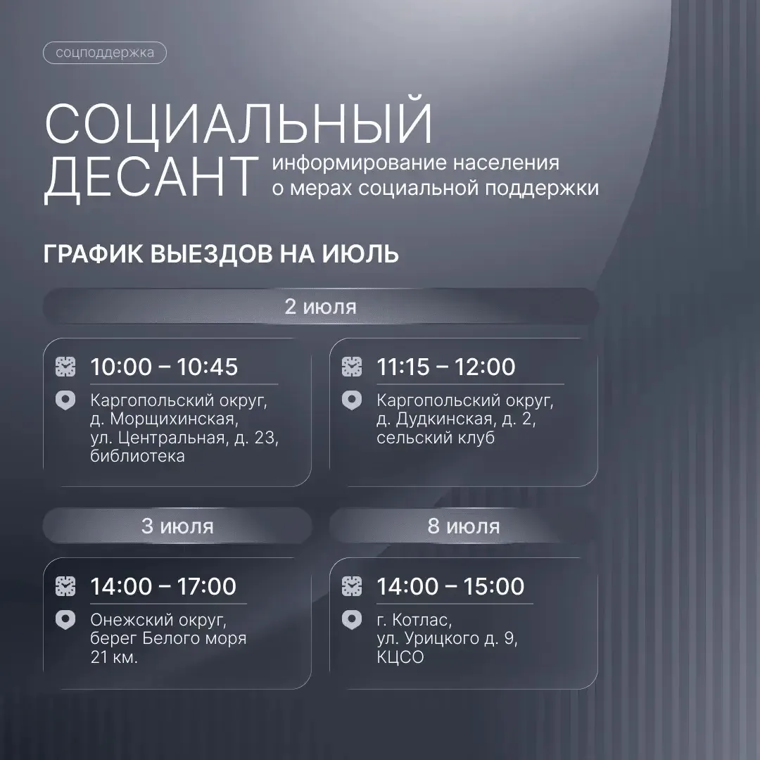 В июле мобильные бригады «Социального десанта» совершат 14 выездов в муниципалитеты Арх...