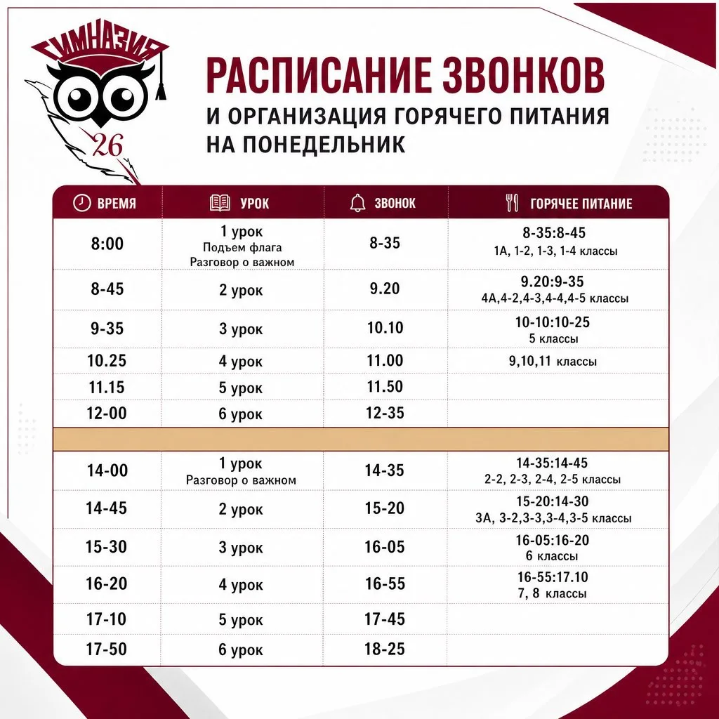 Расписание звонков и организация горячего питания 🔔