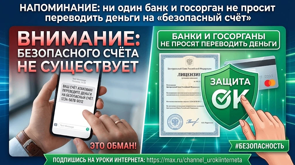 Напоминание: ни один банк и госорган не просит переводить деньги на «безопасный счёт»