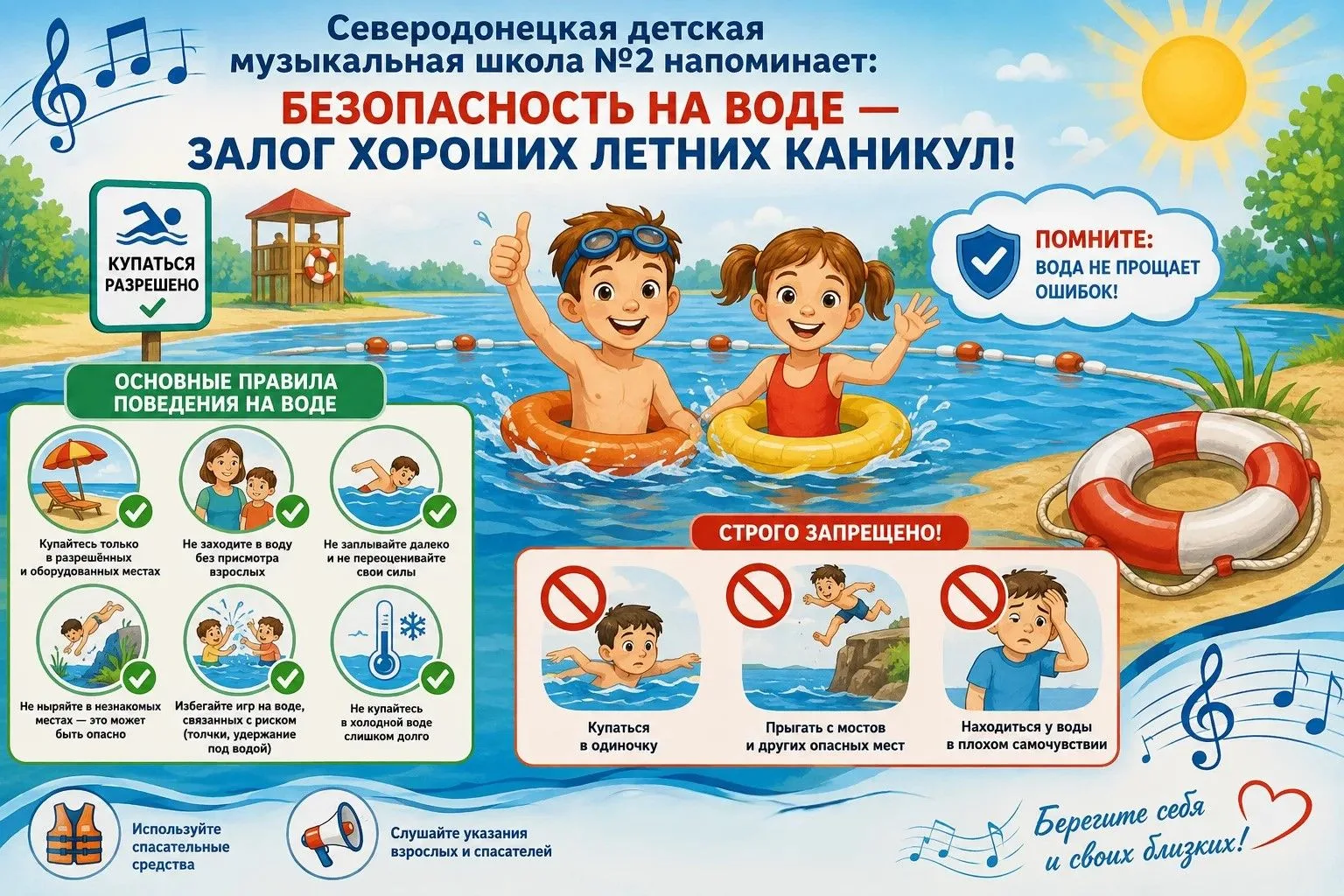 Северодонецкая детская музыкальная школа №2 напоминает:

💧 Безопасность на воде — залог хороших лет