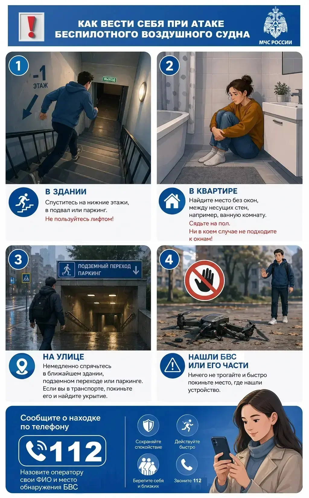 🔴🔵 МЧС России напоминает о действиях при объявлении беспилотной опасности:  ✅ укройся в здании и не 