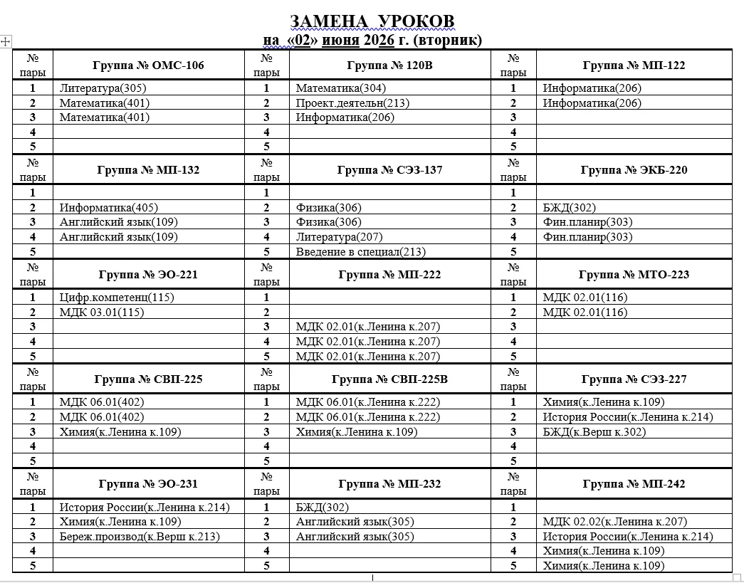 Изменения в расписании на 02.06