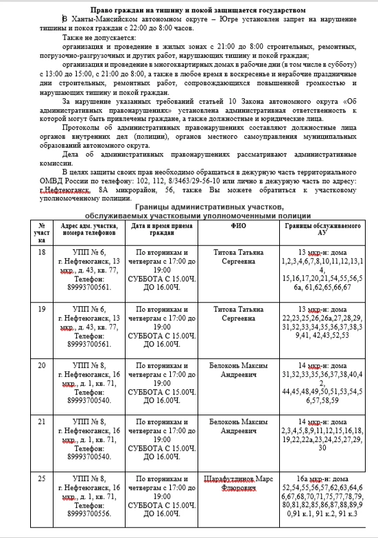 Уважаемые собственники, направляем информацию о законе тишины и контакты участковых по ...