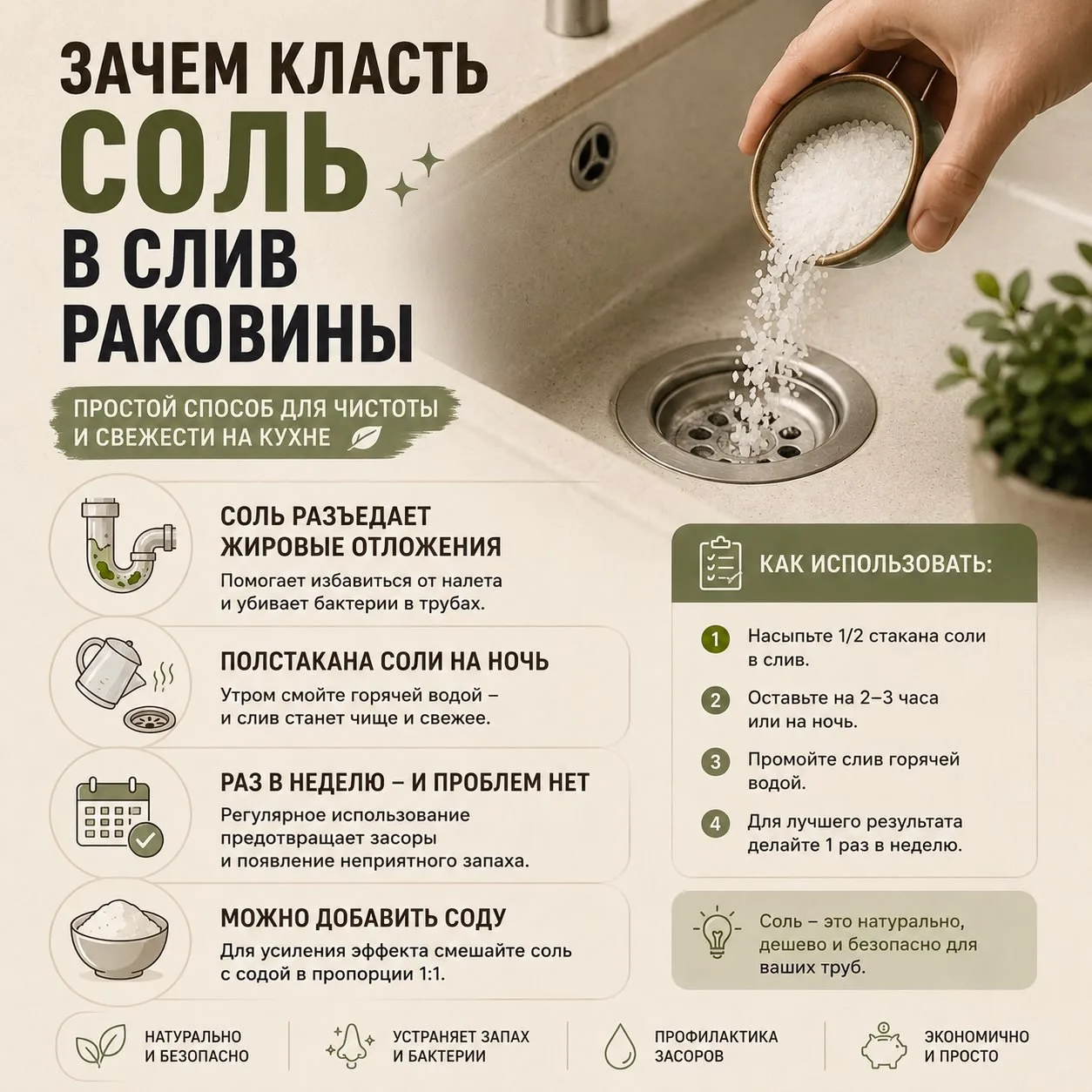🧂Зачем класть соль в слив раковины?