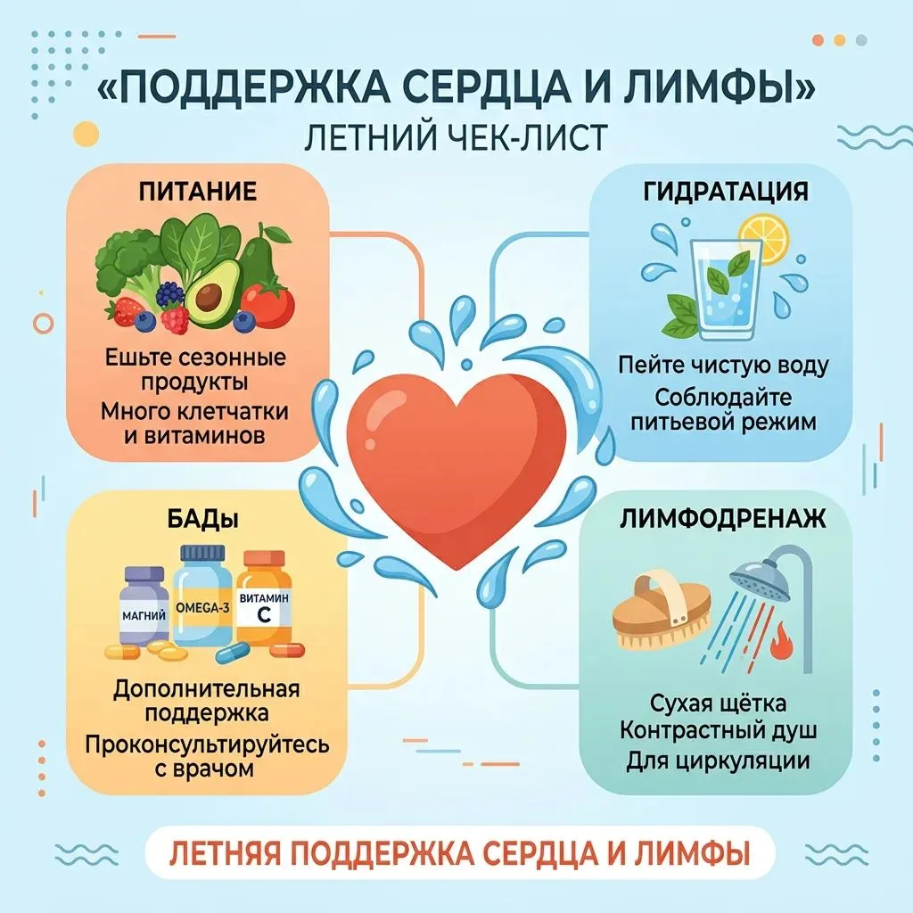 ☀️ ЛЕТО (июнь – август): СВЕЖЕСТЬ, ЛИМФОДРЕНАЖ И ЗАЩИТА СЕРДЦА