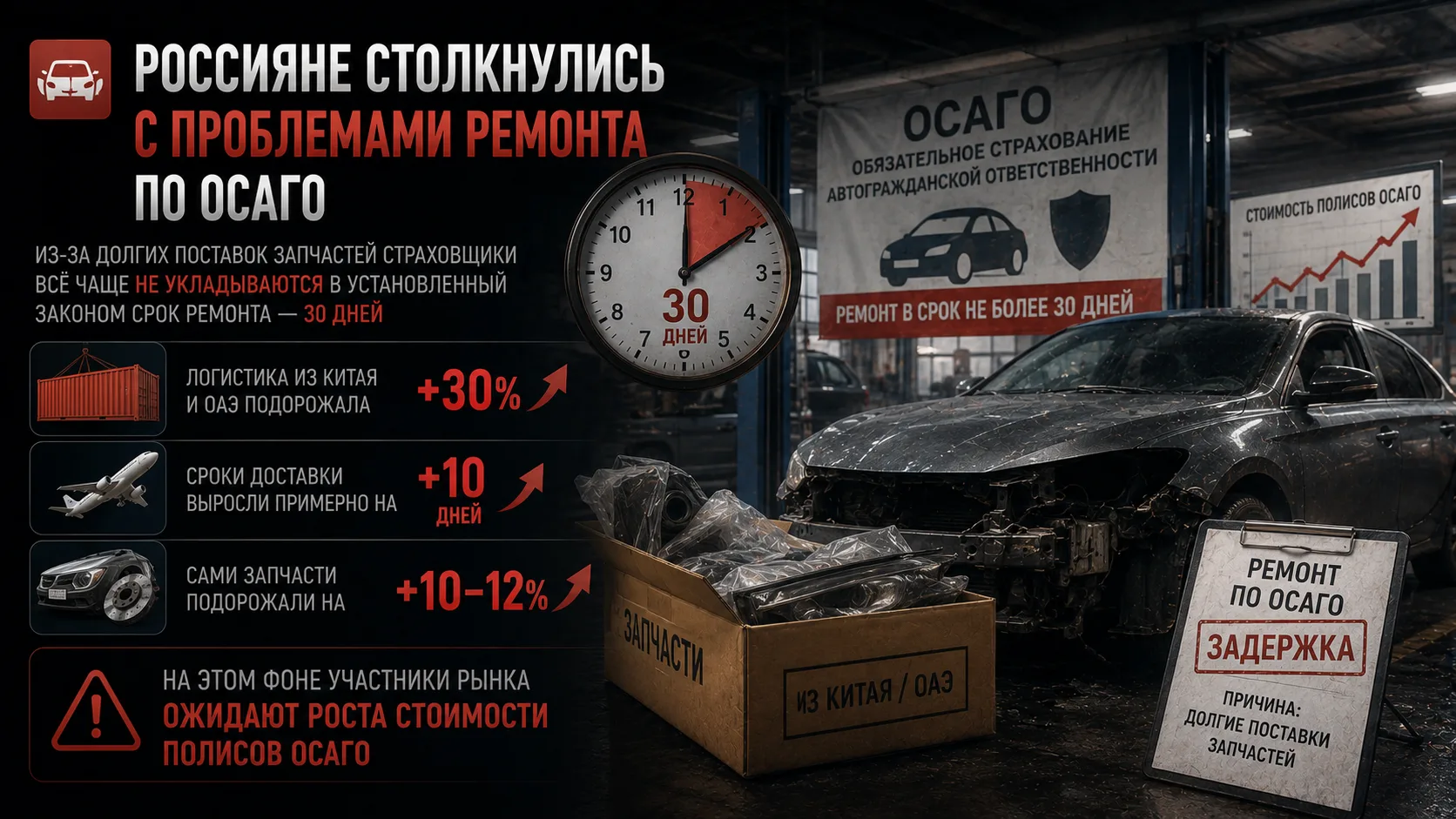 🚗 Россияне столкнулись с проблемами ремонта по ОСАГО

Из-за долгих поставок запчастей страховщики в
