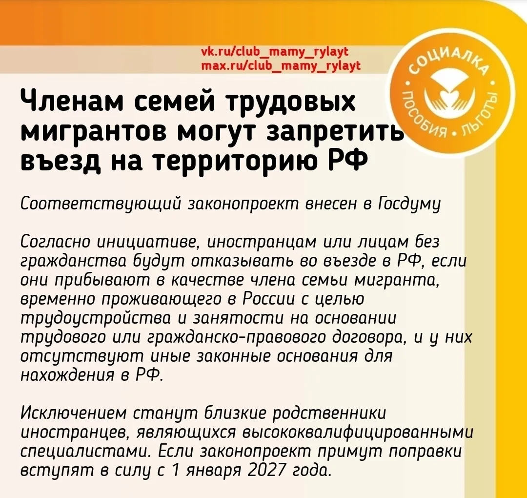 Членам семей трудовых мигрантов могут запретить въезд на территорию РФ