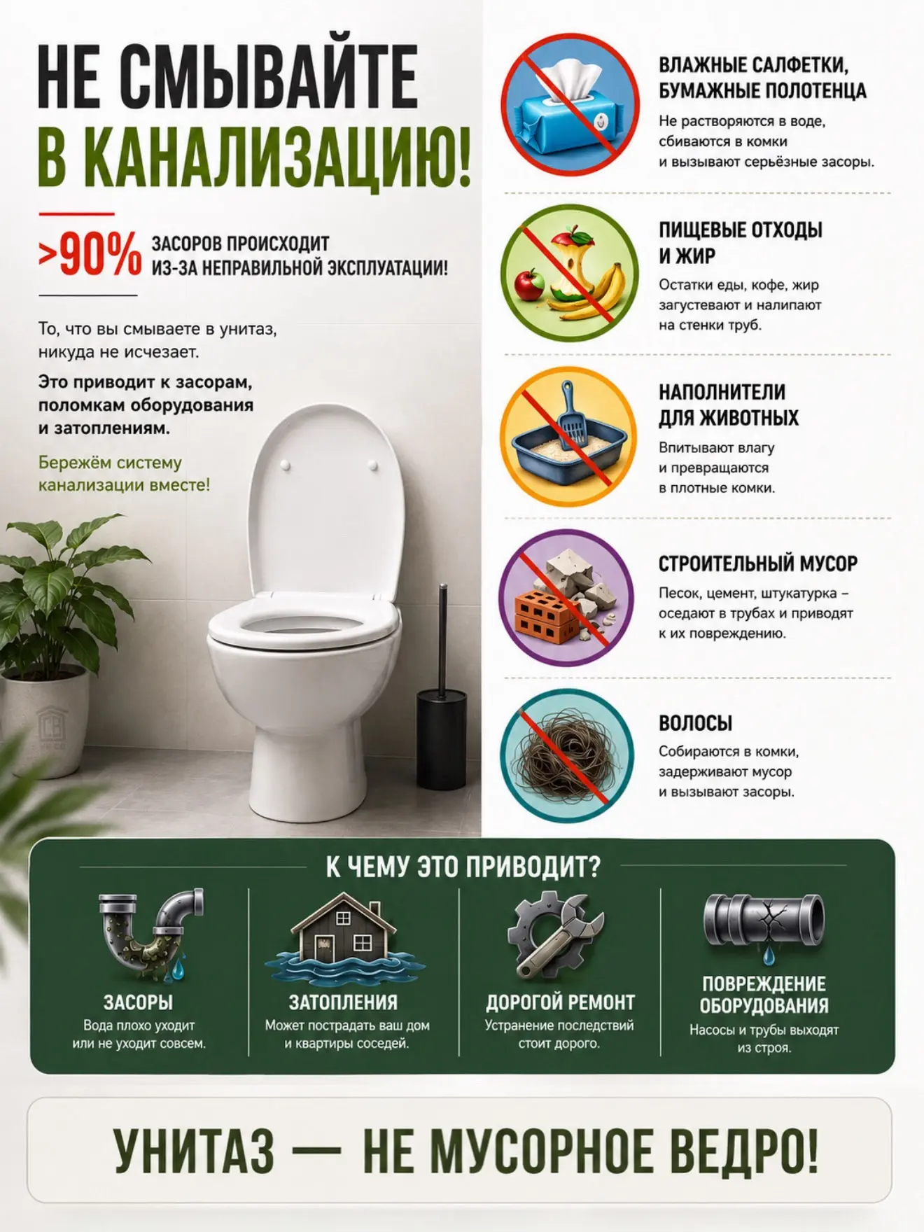 🚽 Унитаз — не мусорное ведро!

❗️Более 90% засоров канализации происходят из-за неправильной эксплу