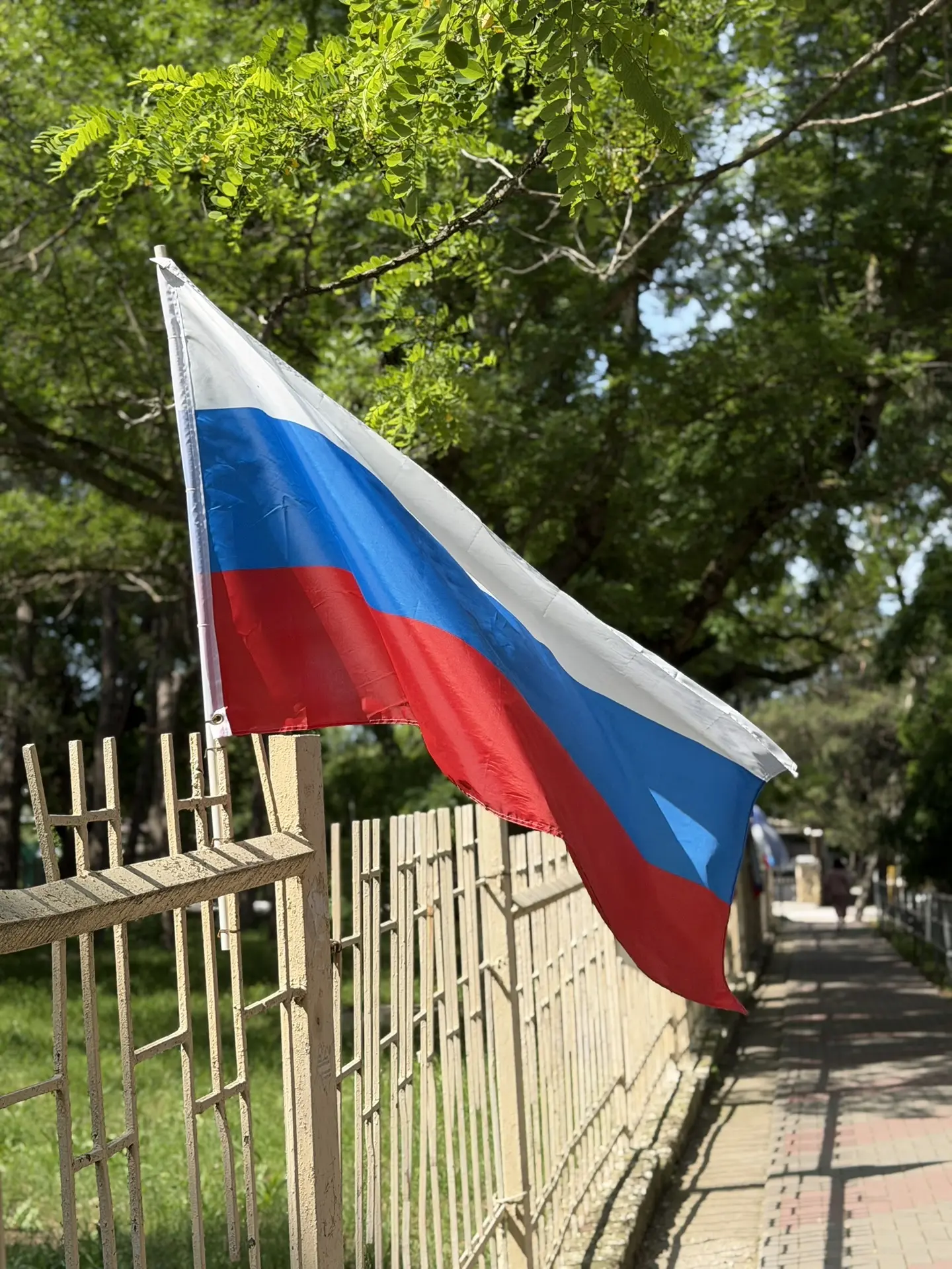 Территория школы украшена флагами ко Дню России. Яркие флаги гордо развеваются на ветру, создавая пр