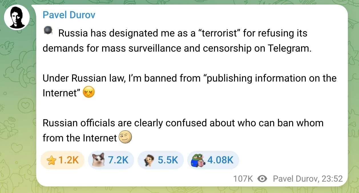 ❗️️️️️️️Дуров*: 

Россия признала меня "террористом" за отказ выполнять ее требования о массовой сле