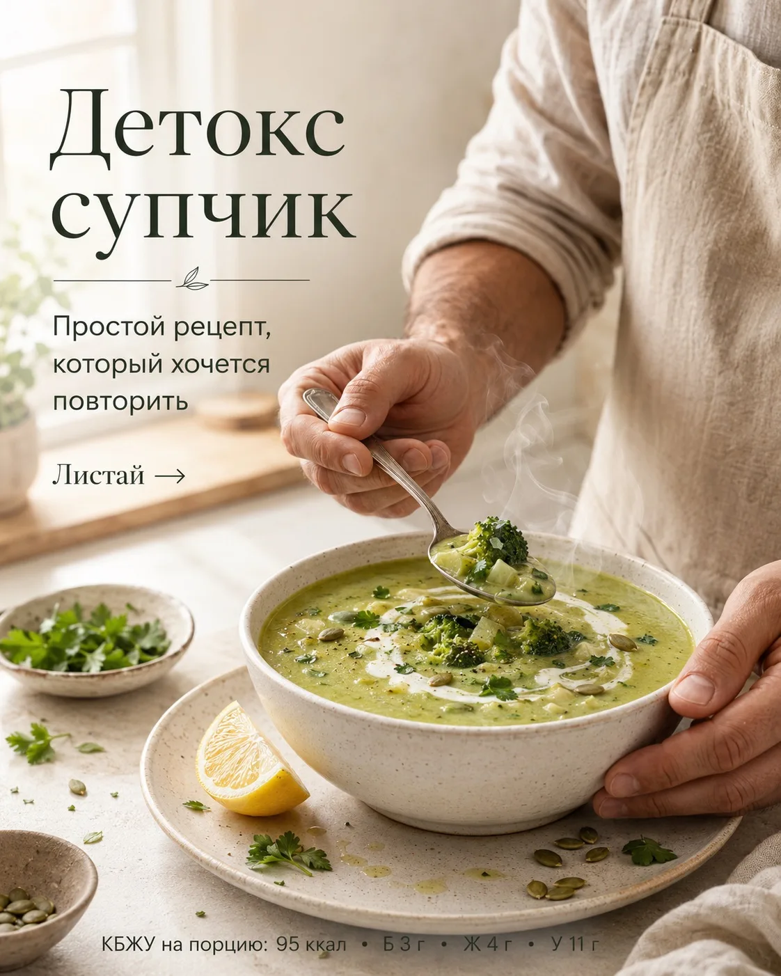 🥦 Детокс-супчик: лёгкий зелёный крем-суп

Когда хочется чего-то горячего, лёгкого и по-настоящему в