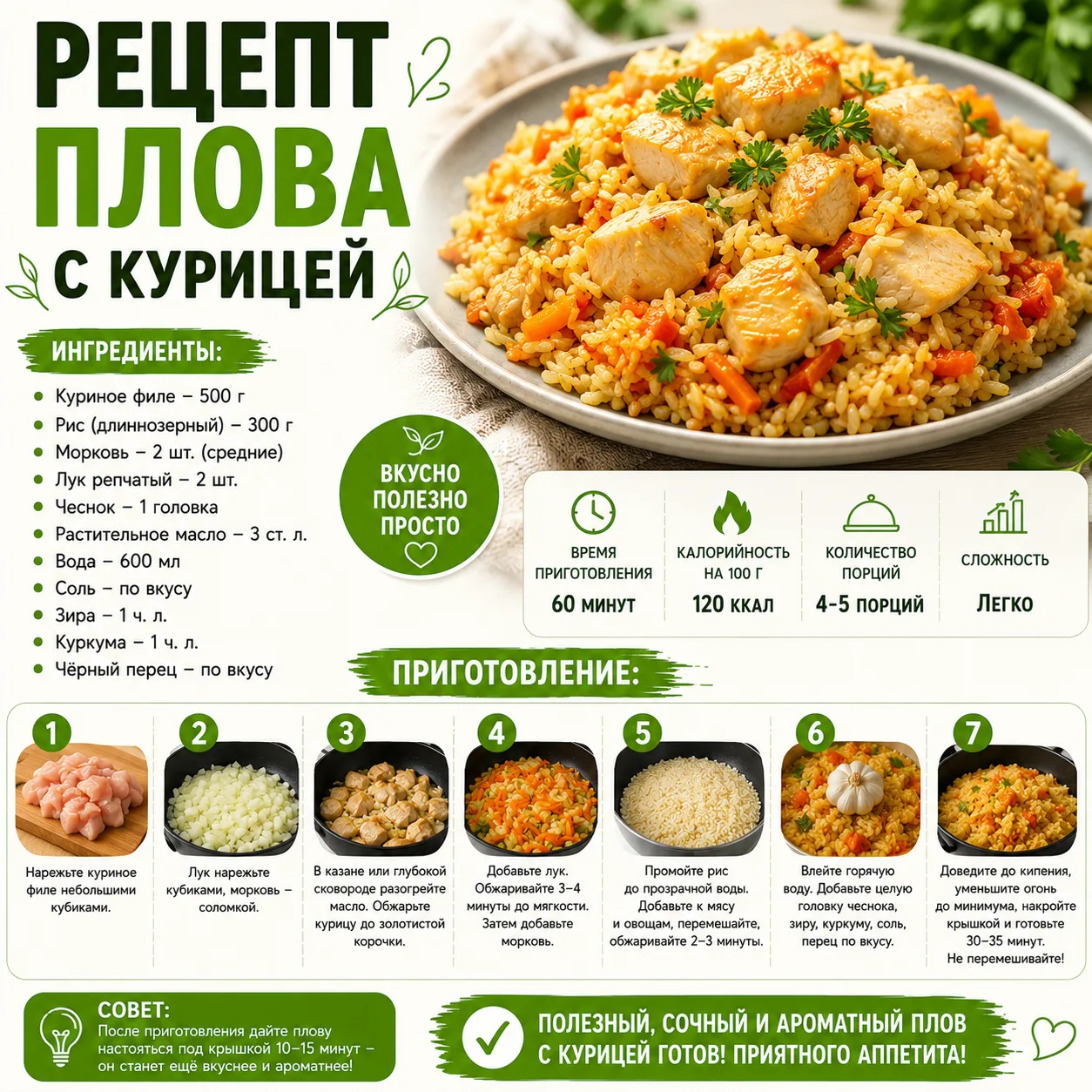Рецепт пп плова с курицей - всего 120 ккал на 100 гр