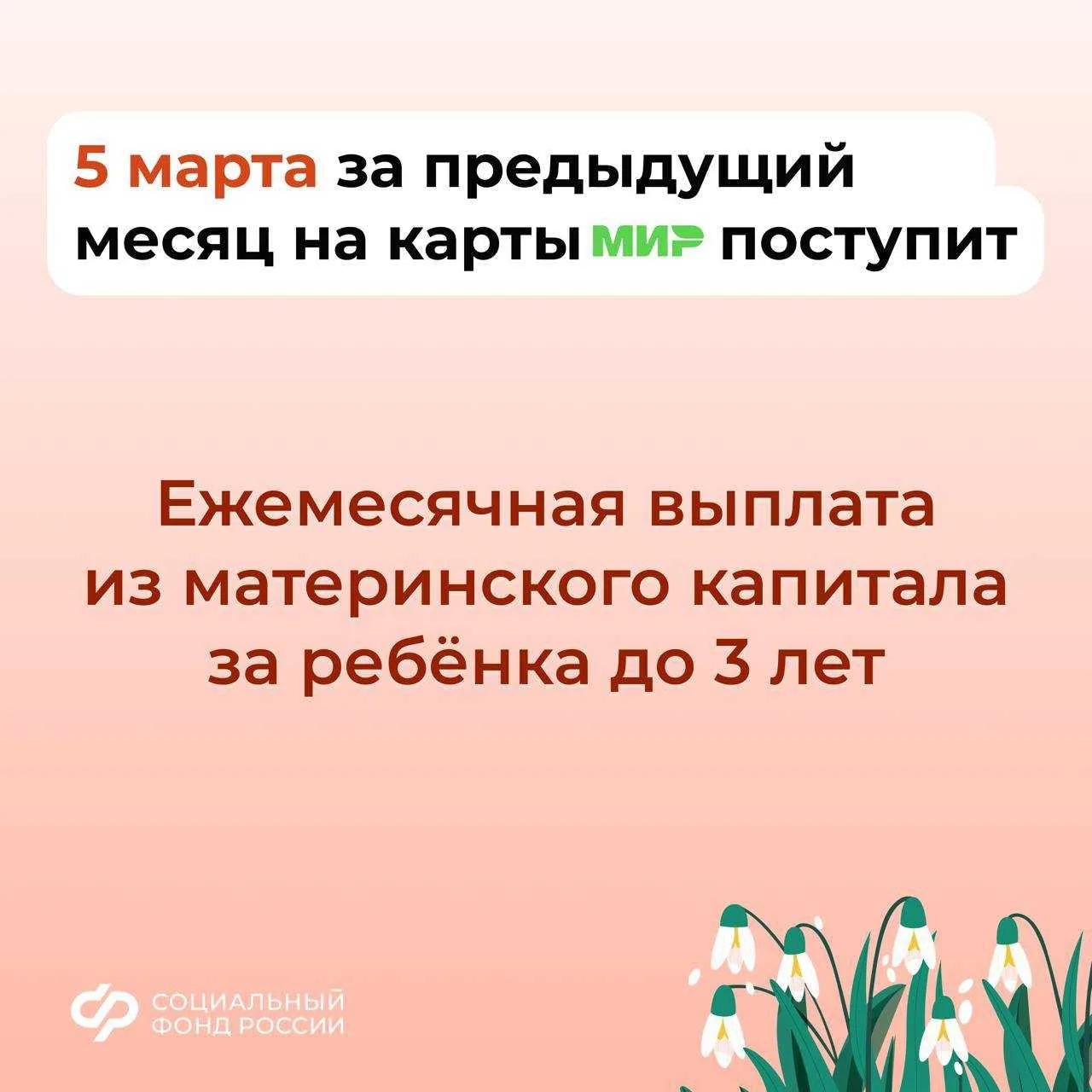 👨‍👩‍👧‍👦 3, 5 и 6 марта – дни зачисления выплат семьям с детьми на карты и счета  💳 Напоминаем, что п