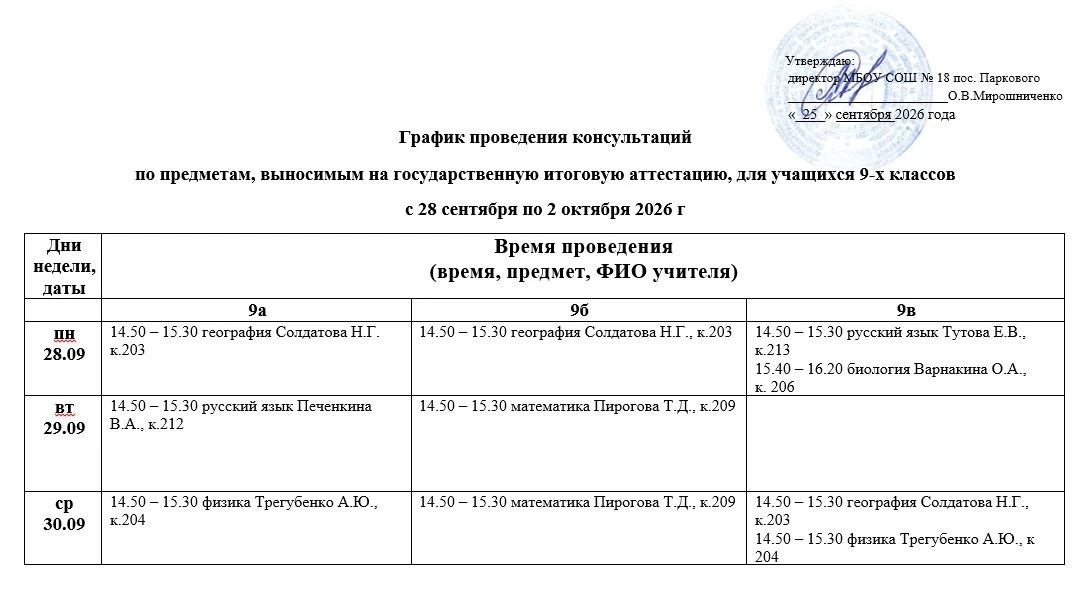 🦉График консультаций для учащихся 9 и 11 классов по предметам, выбранным на сдачу ГИА ...