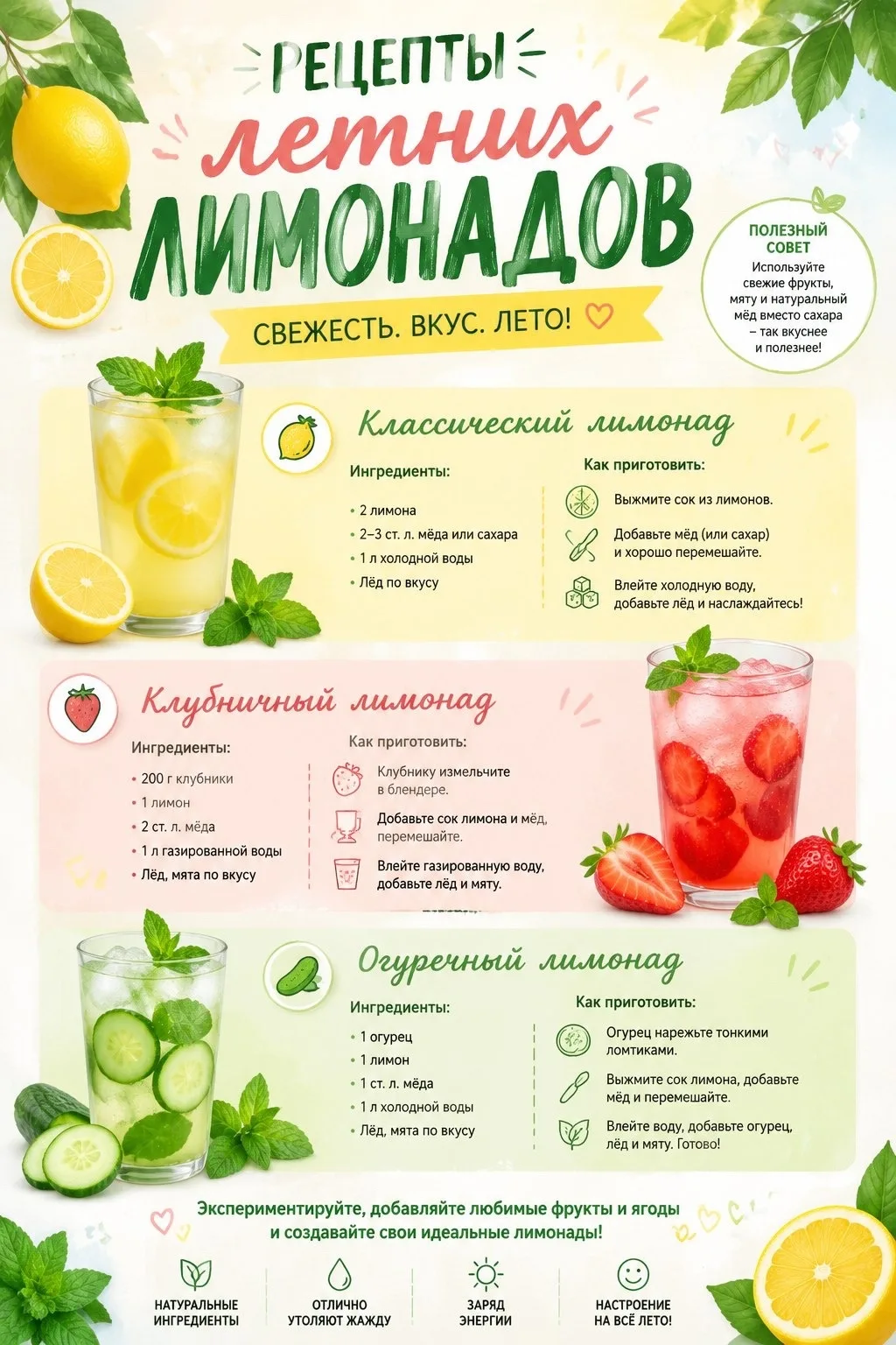Делимся с Вами✨ рецептами летних лимонадов! 🧋
Оказывается, их огромное количество!🎉