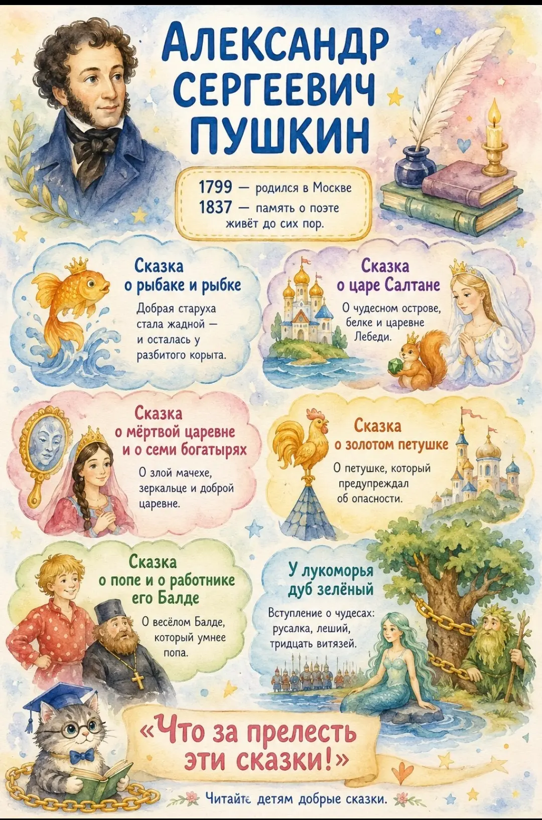 6 июня отмечался день рождения А. С. Пушкина.
Вспомним сказки именинника, вместе с детьми.