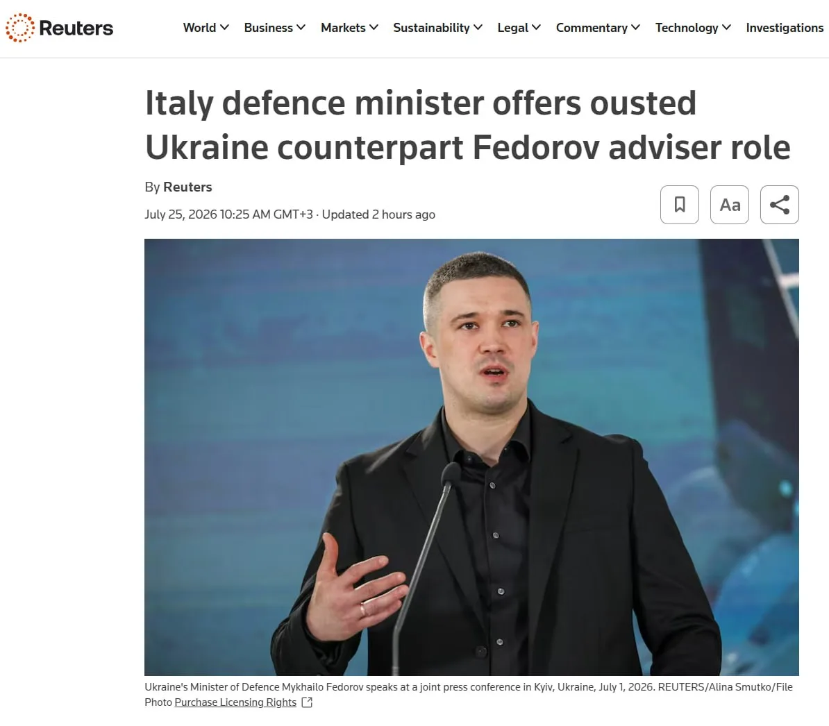 Министр обороны Италии Гуидо Крозетто предложил уволенному главе Минобороны Украины Фёд...