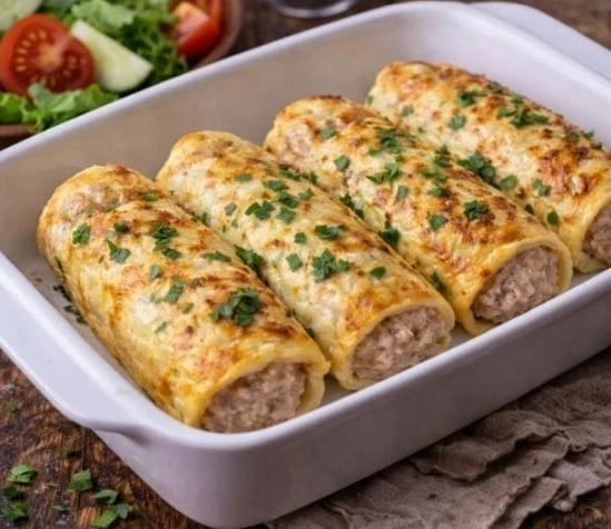 🥣 Нежные яичные рулетики с сочной начинкой  🔖 Ингредиенты:  Куриный фарш — 400 г Яйца — 4 шт. Молоко