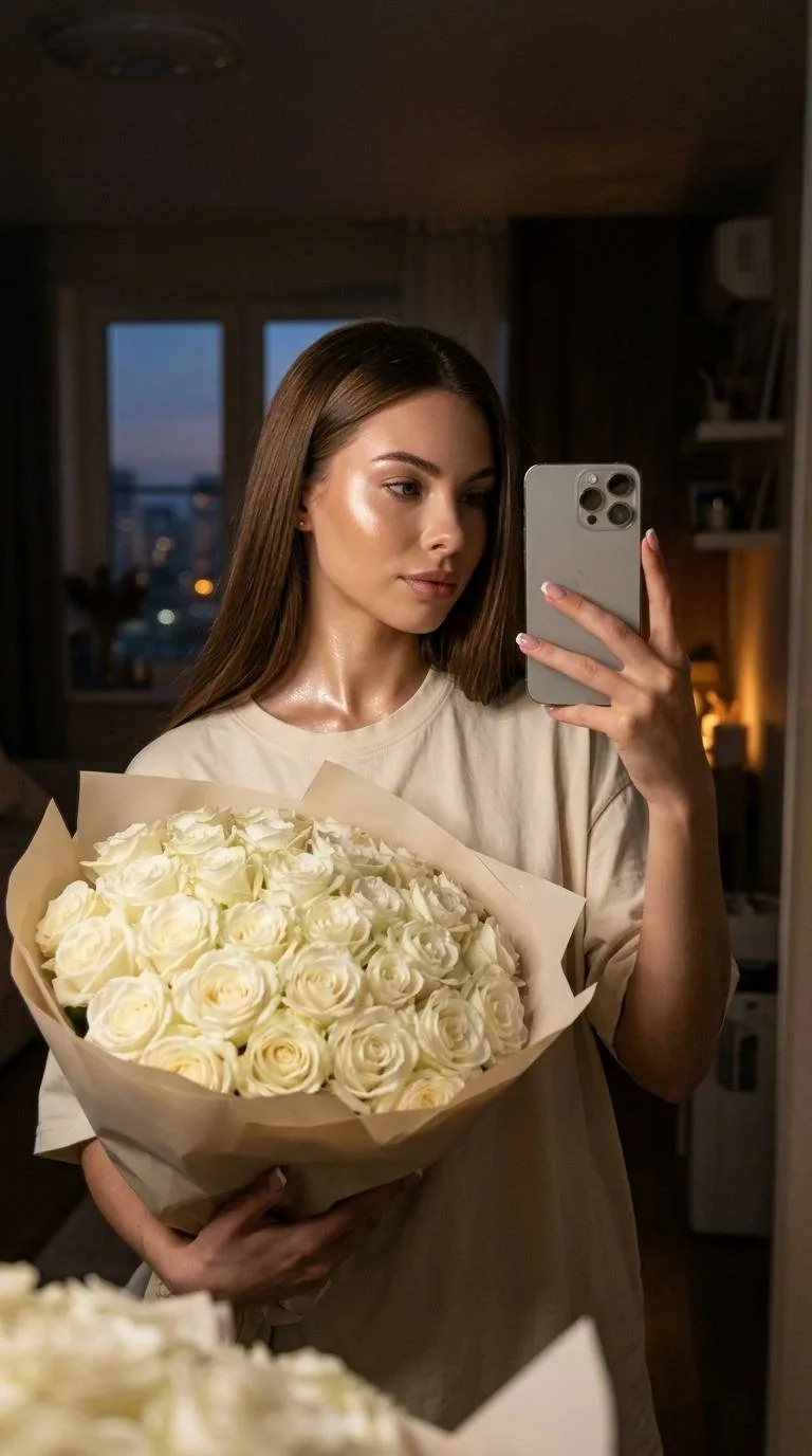 С цветами ❤️  Создайте гиперреалистичное изображение девушки, которая делает селфи в зеркало, фотогр