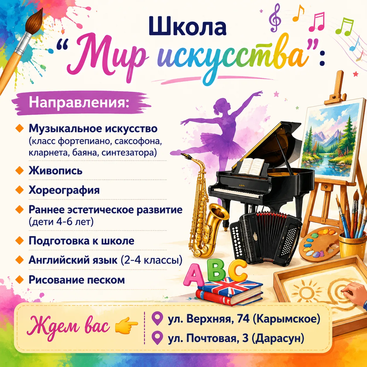 Прием на обучение по предпрофессиональным и общеразвивающим программам. Возраст детей от 4 до 12 лет