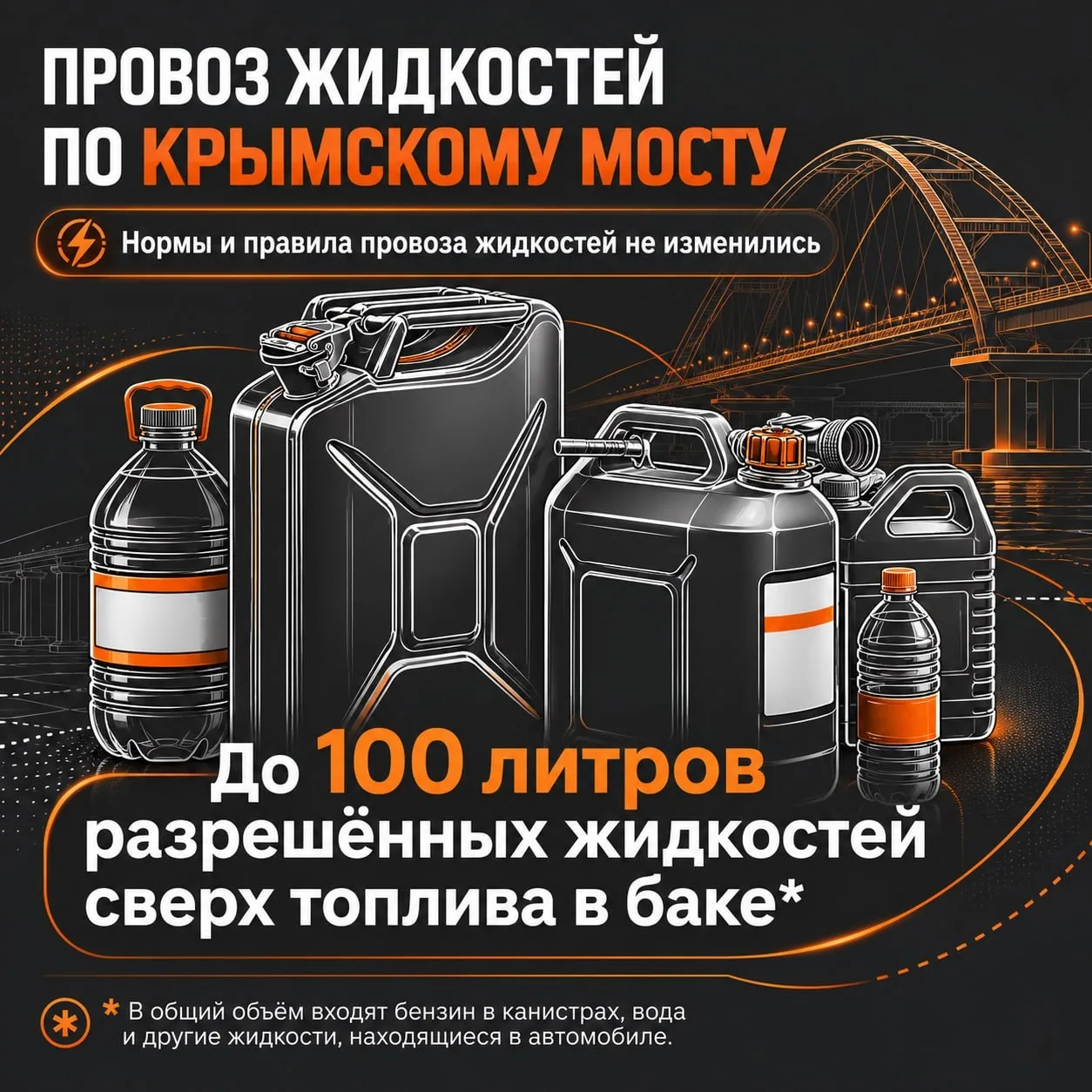🎙 Нормы провоза жидкостей по Крымскому мосту НЕ изменились

В автомобиле можно перевозить до 100 ли