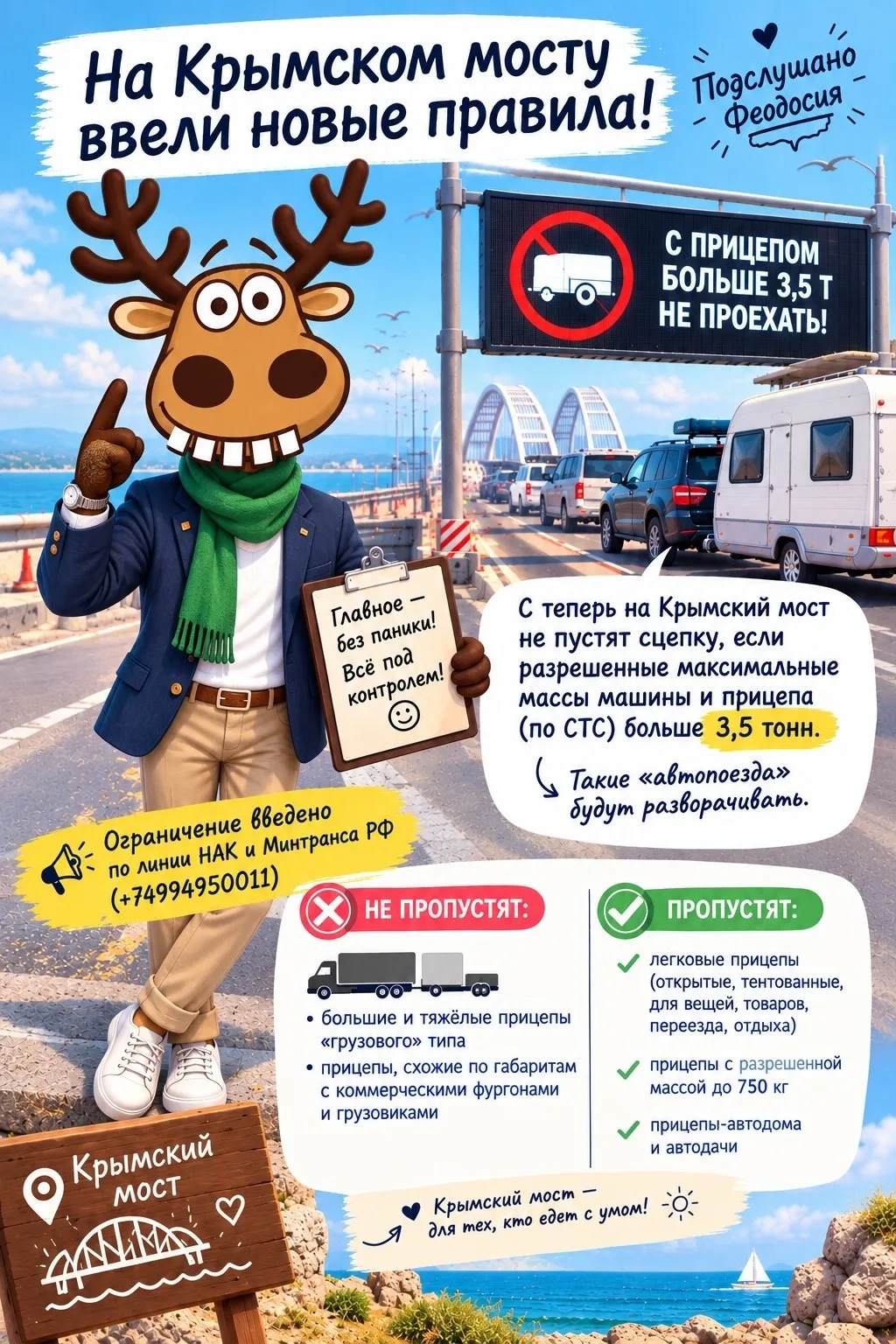 ❗️Ограничения по проезду автомобилей с прицепами ввели на Крымском мосту.