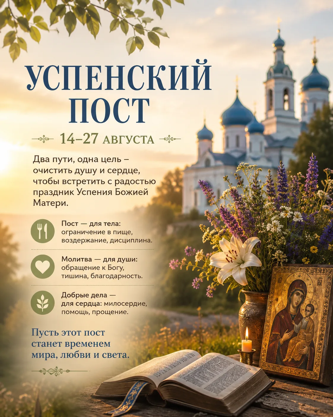 🌿 Сегодня, 14 августа, христиане вступают в Успенский пост — две недели духовной подго...