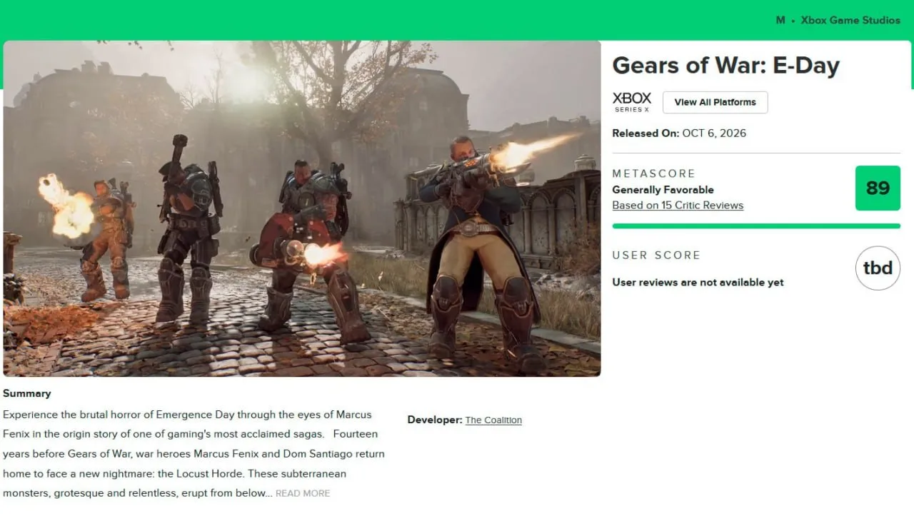 Мужицкий гейминг возвращается: Gears of War: E-Day собрала 88 баллов от критиков.