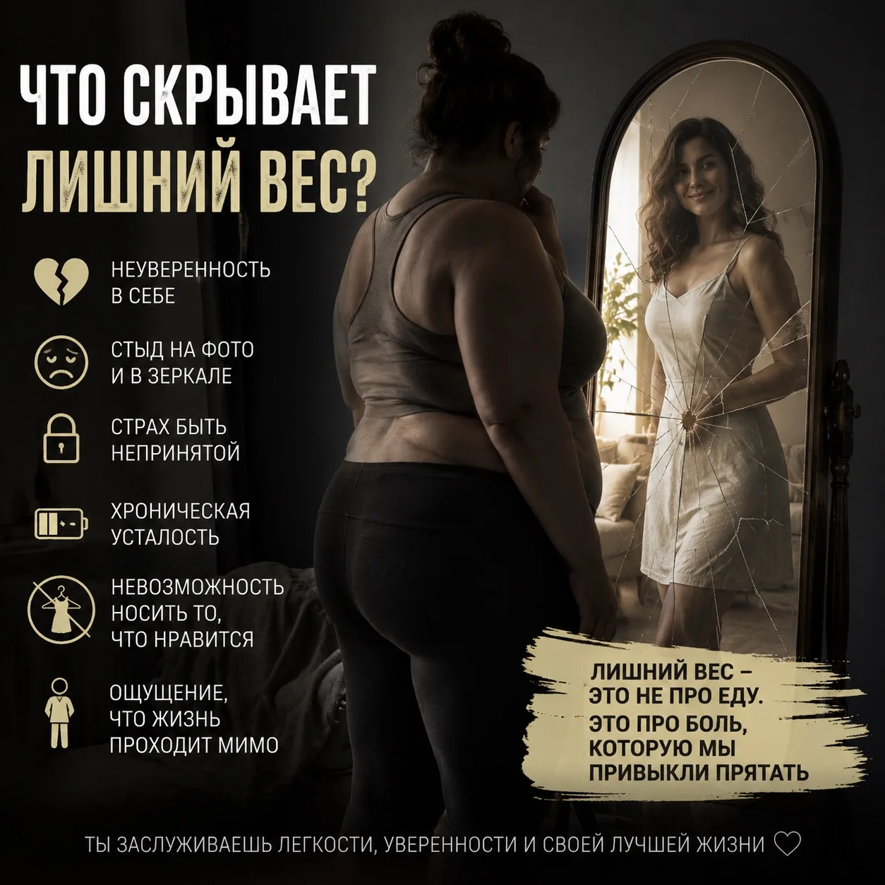 Что скрывает лишний вес?

Часто — не любовь к еде.
А усталость.
Стресс.
Неуверенность в себе.
Привыч
