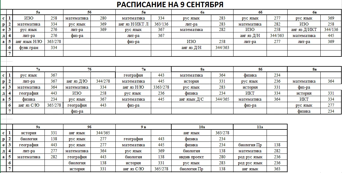 Расписание на 9 сентября