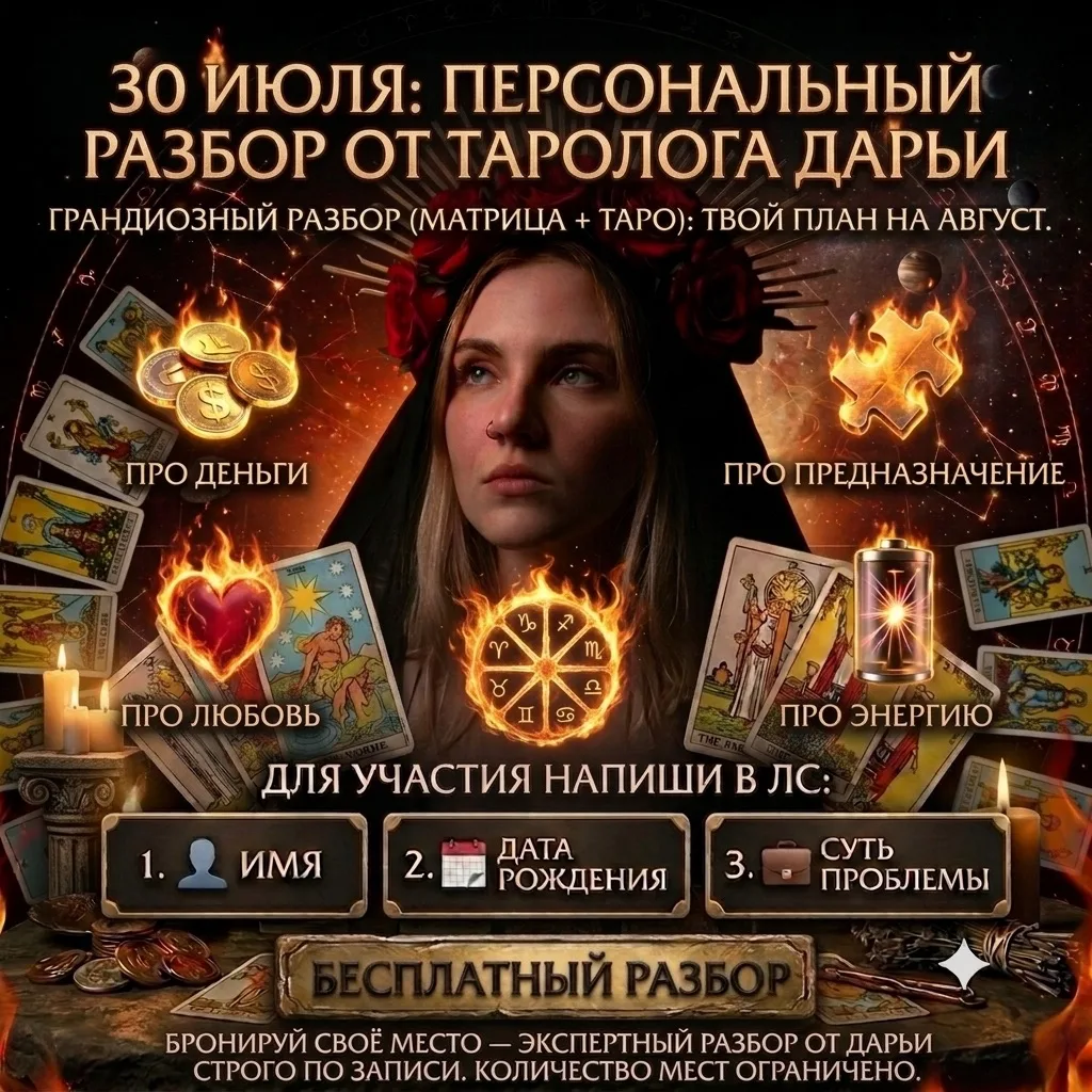 🔴 30 ИЮЛЯ: ПЕРСОНАЛЬНЫЙ РАЗБОР ОТ ТАРОЛОГА ДАРЬИ 🔴

Узнай, как сделать август месяцем своего проры