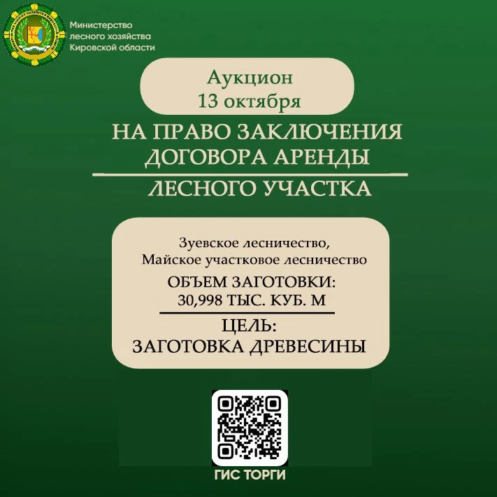 🔔 Министерство лесного хозяйства Кировской области 13 октября 2026 года проводит аукци...
