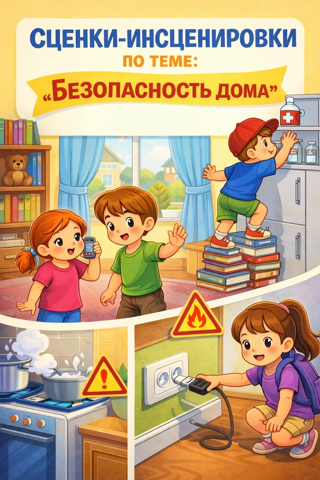 #РодничокЗаБезопасность
🎉 Подготовили картотеку инсценировок из 6 сценок по безопасности дома — теп