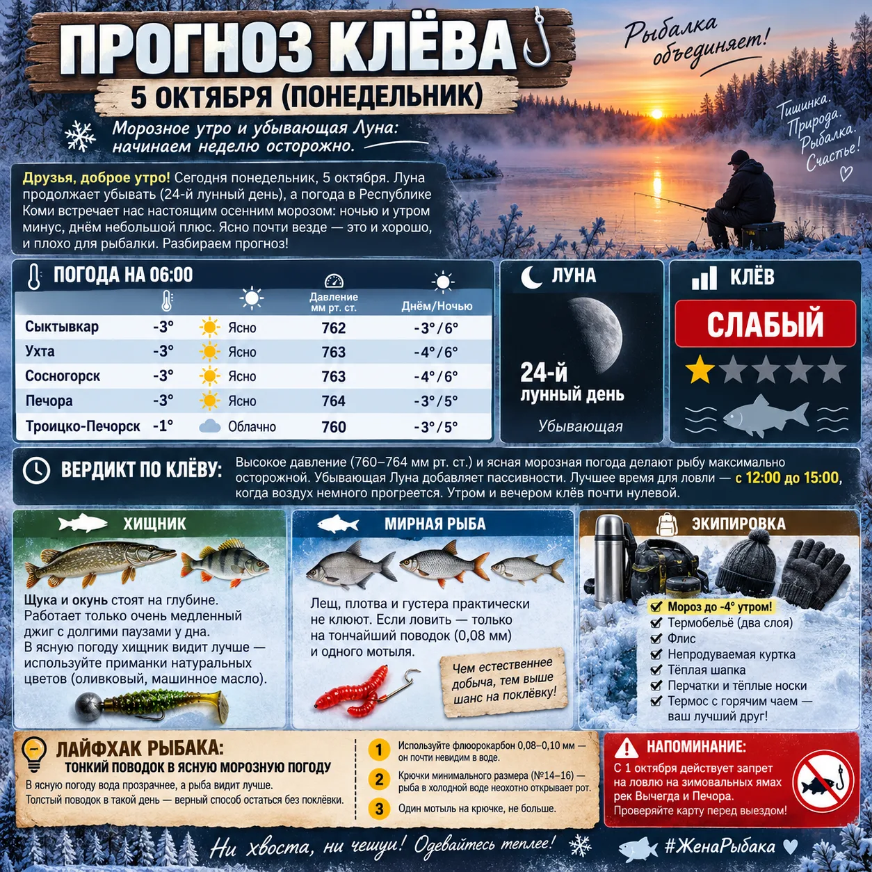🎣 ПРОГНОЗ КЛЁВА: 5 октября (Понедельник)