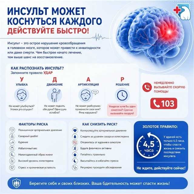⚡Инсульт — это острое нарушение кровообращения головного мозга, которое приводит к повреждению и гиб
