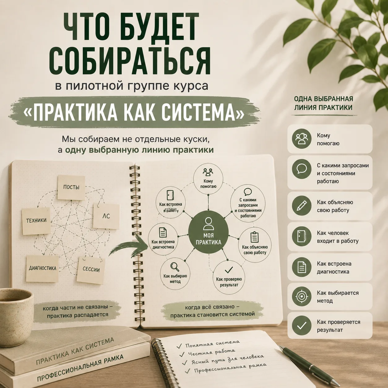 ЧТО БУДЕТ СОБИРАТЬСЯ В ПИЛОТНОЙ ГРУППЕ «ПРАКТИКА КАК СИСТЕМА»
В пилотной группе курса «Практика как 