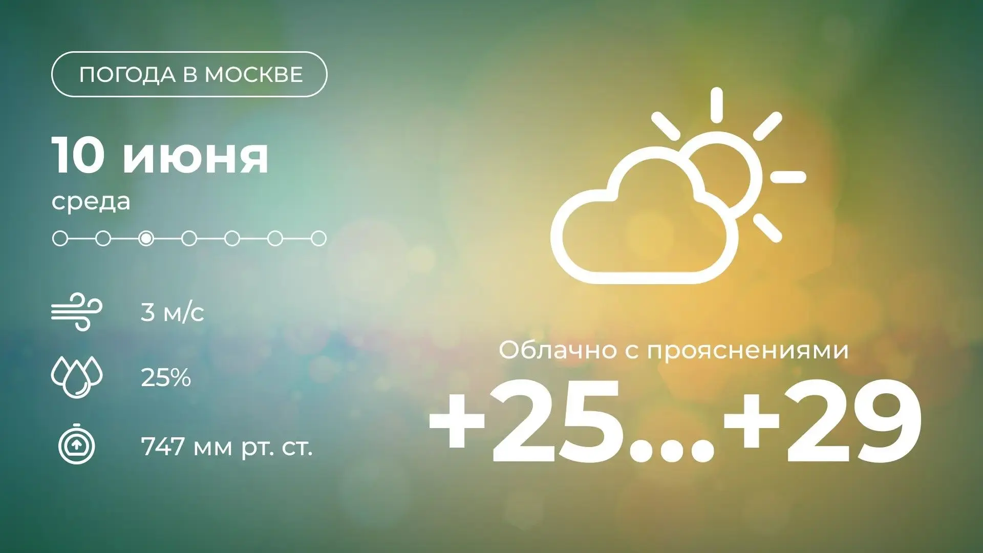 ☀️ Доброе утро
Сегодня в столице будет облачно с прояснениями. Столбики термометров покажут от +25 д