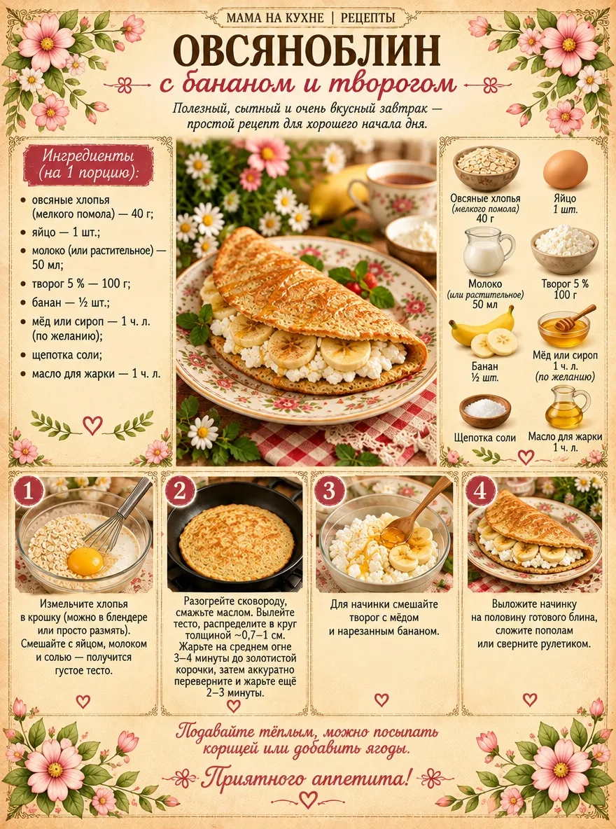 🌸 Овсяноблин с бананом и творогом 🌸