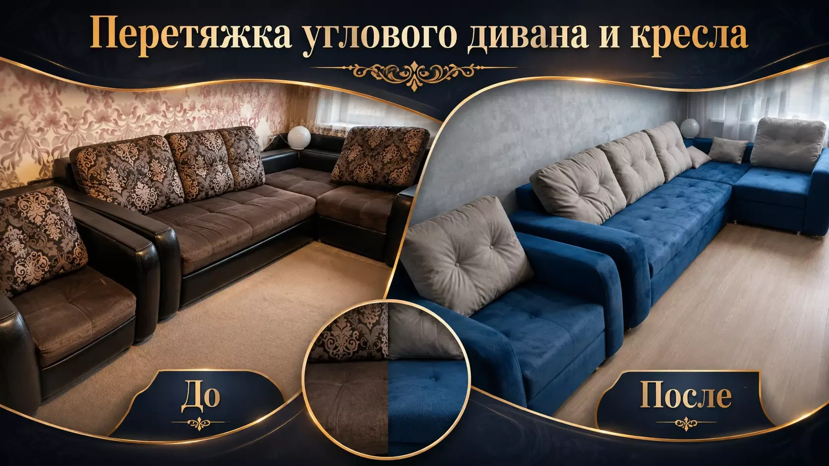 Перетяжка углового дивана и кресла на ул. Чуйкова