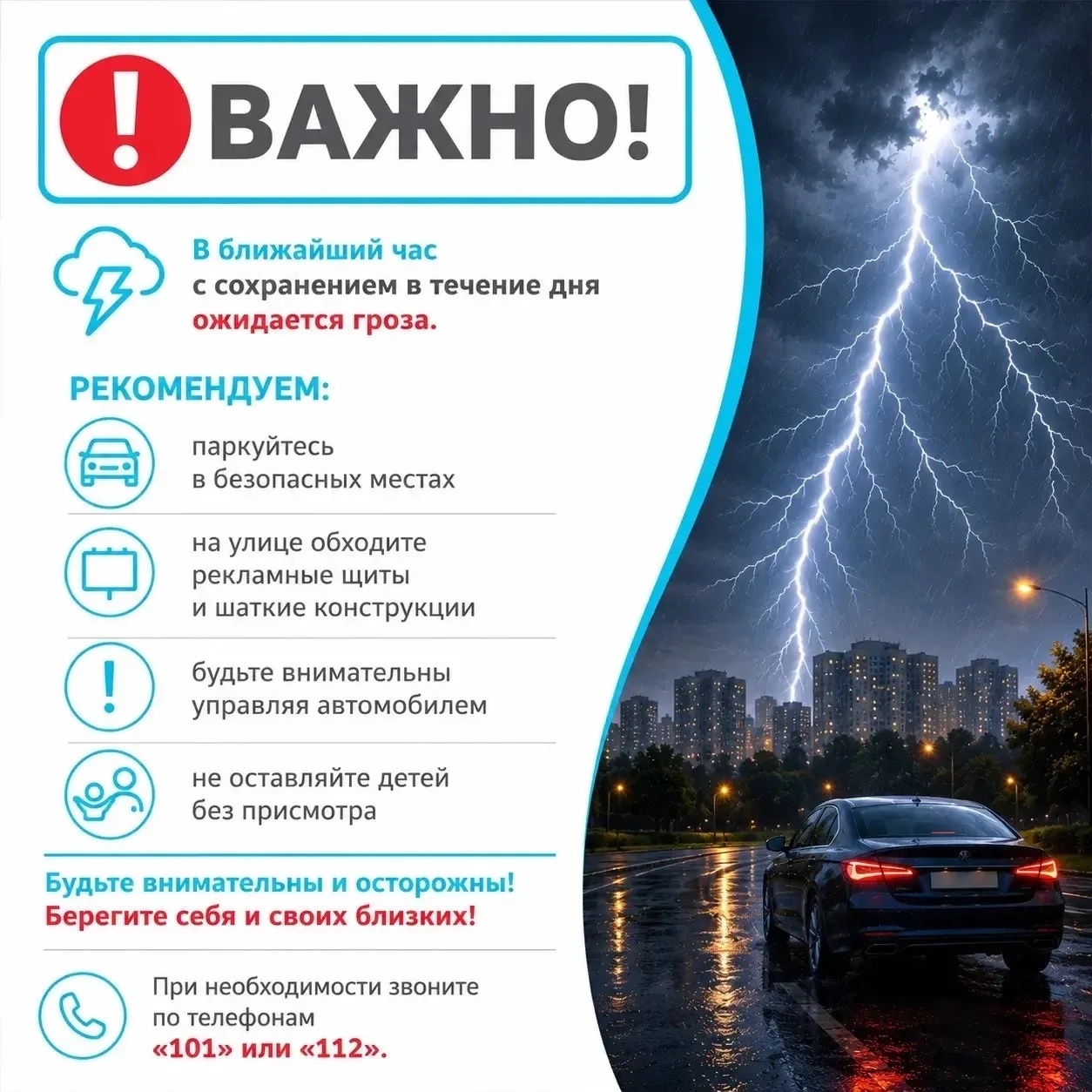 ⚡️В ближайший час с сохранением в течение дня ожидается гроза.

МЧС России рекомендует:

паркуйтесь 