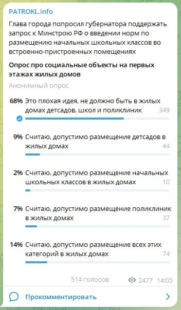 Опрос про социальные объекты на первых этажах жилых домов: https://t.me/patroklinfo/28849

Сохраним 
