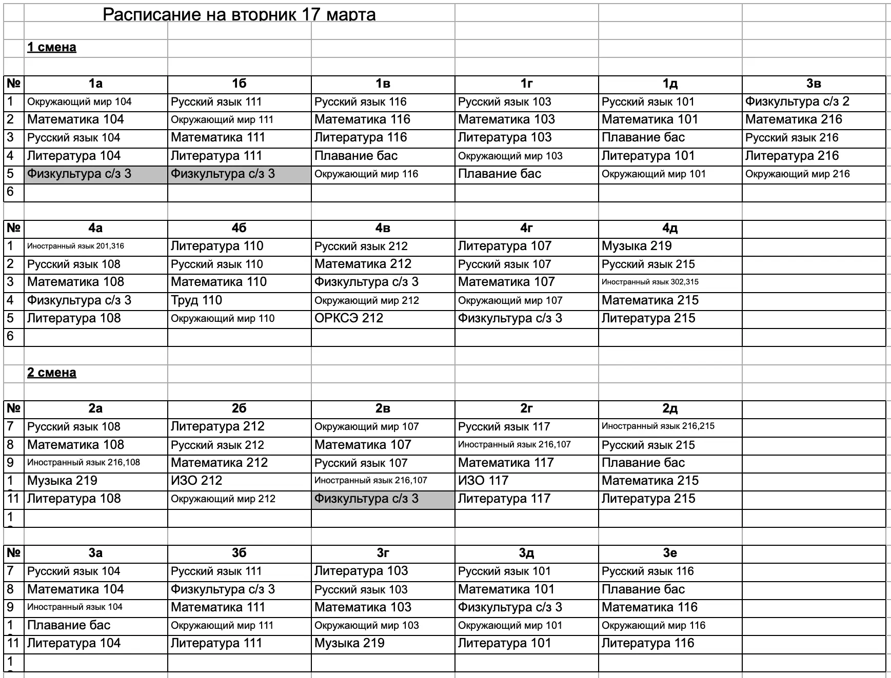 Расписание на 17 марта (вторник)